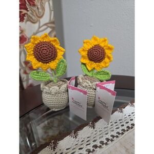 Handmade Crochet Sunflower Set of 2 – Knitted Potted Flowers Home Décor Gift
